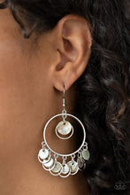 Load image into Gallery viewer, A summery collection of silvery shell-like discs and dainty silver rings dances from the top and bottom of a shiny silver hoop, resulting in a beach inspired fringe. Earring attaches to a standard fishhook fitting.
